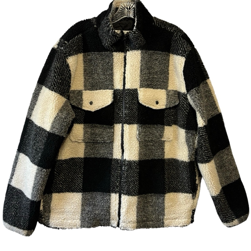 AE SHERPA Full Zip Buffalo Plaid Black Cream LG Mock Neck Shacket Jacket NWT
